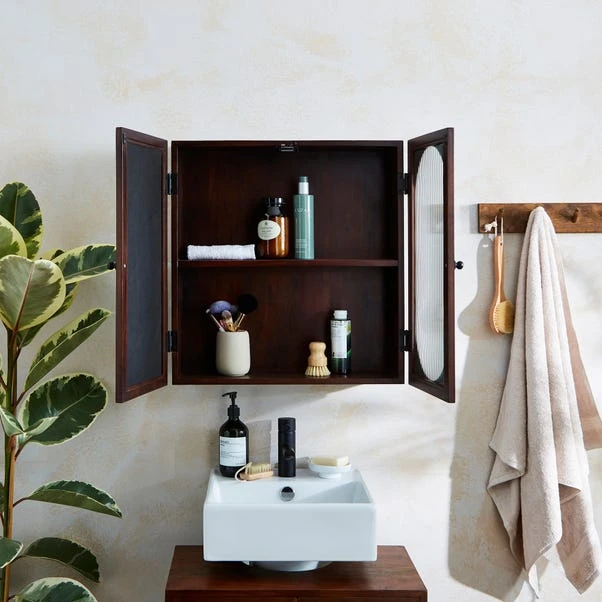 Elias Wall Cabinet, Acacia Wood, Mirror And Reeded Glass 4 Elias Wall Cabinet, Acacia Wood, Mirror And Reeded Glass - Image 2