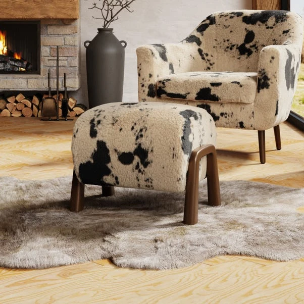 Curved Cow Fur Wooden Accent Stool 3 Curved Cow Fur Wooden Accent Stool