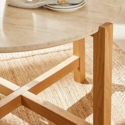 Halton 4 Seater Round Dining Table, Travertine & Oak -Online Furniture Store 30925309 alt02