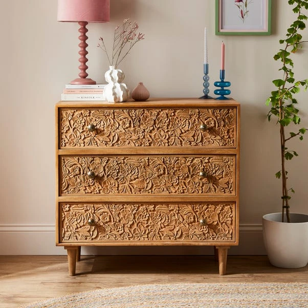 Jules Hand Carved 3 Drawer Chest 3 Jules Hand Carved 3 Drawer Chest