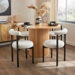 Amari 4 Seater Round Dining Table With 4 Violeta Ivory Boucle Dining Chairs